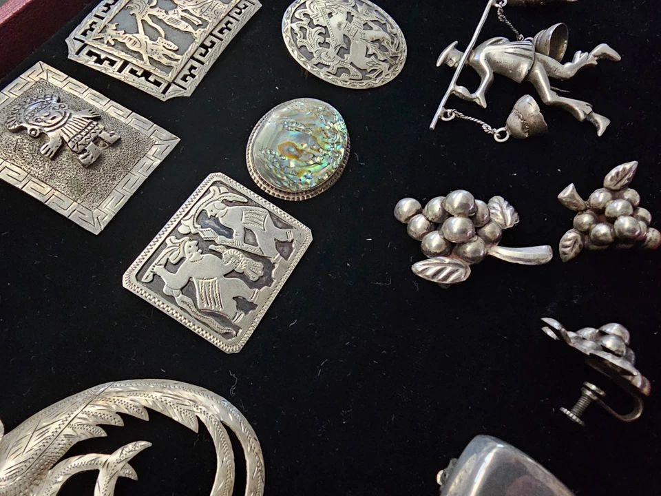 Редкие винтажные Мексика и Гватемала из чистого серебра булавки подвески и серьги наборы -17 шт. - Изображение 4 из 4