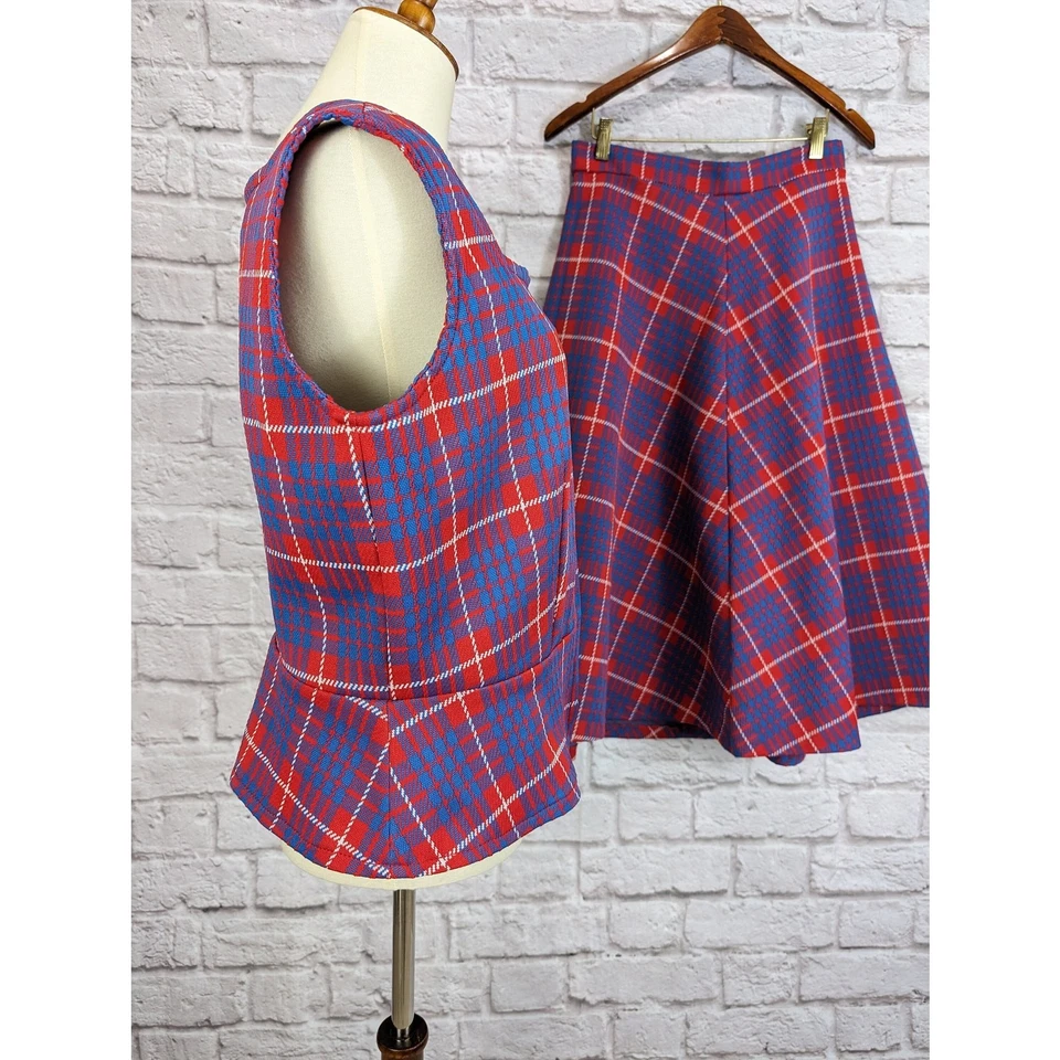 Vintage Mod 2 Piece Plaid Dress Red Blue Plaid Skirt and Vest Shirt Medium Large - Image 3 of 4