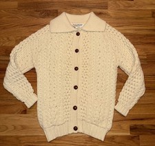 VTG Homes of Donegal 100 Irish Cable Knit Wool Cardigan Sweater Cream Med/Lg