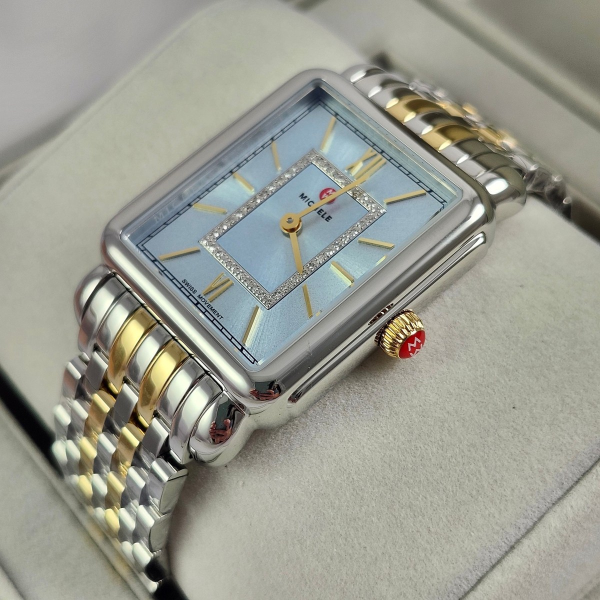 NEW Michele Deco II Silver & Gold Diamond Light Blue Watch