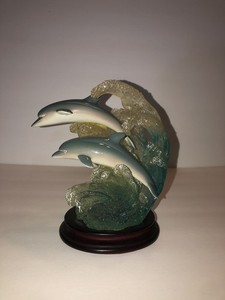 Dolphins on Waves Syrianized Figurine With Wood Base Acrylic
