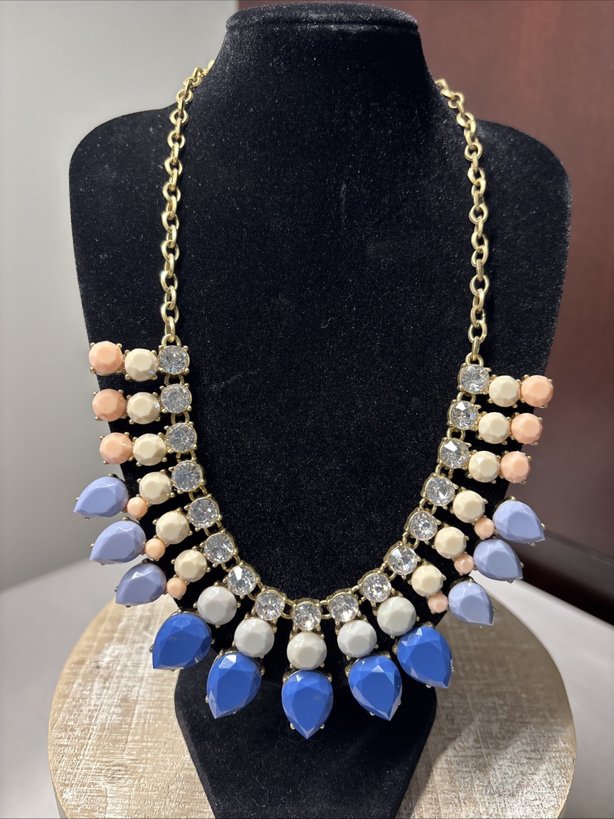 J Crew 18 in Statement Bib Necklace with blue, pink and cream colored stones