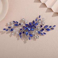 Blue Rhinestone Wedding Hair Comb Pearl Crystal Flower Headpiece For Women