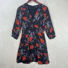 Madewell Dress Womens 00 Black Floral Silk Mini Ruffle V Neck Fit Flare Wedding