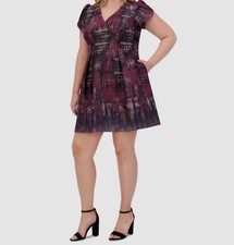 Vince Camuto Women's Purple Jacquard V-Neck Puff Sleeve Dress Plus Sz 16W