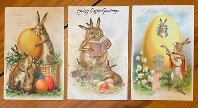 3 OLD Easter Postcards Anthropomorphic Rabbits Troubadour Reading Raphael Tuck