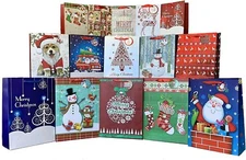 Christmas Gift Bags Assorted Sizes - Set of 15, Bulk, Large, Medium, Small, Tags