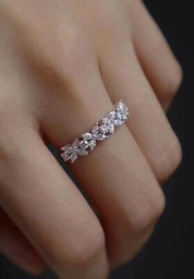 Pave Cubic Zirconia Silver SP Flower Lucky Clover Promise Band Ring RS78