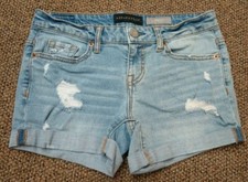 WOMENS JUNIORS sz 0 AEROPOSTALE MIDI BLUE DENIM SHORTS cuffed DISTRESSED STRETCH