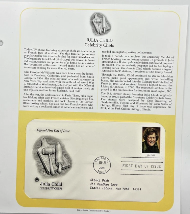 Set of 2 2014 Celebrity Chef Julia Childs First Day of Issue Stamps / Envelopes - Image 2 of 3