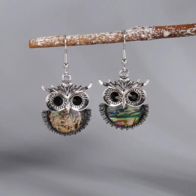 Women Boho Owl Drop Earrings Inlaid Faux Gemstone Vintage Silver Plated Jewelry