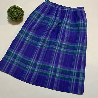 Miss Zoe Delton Vintage Wool Purple Teal Plaid Tartan Midi Skirt Women s Medium
