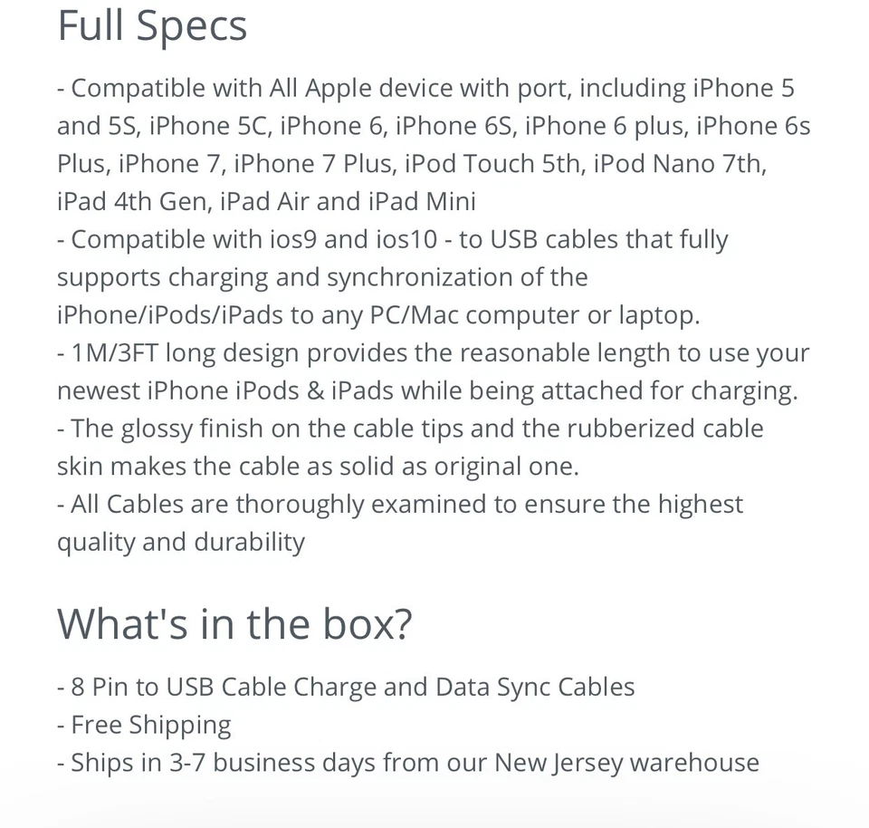 2-Pack ~ iPhones & iPad ~ 8 Pin To Usb Charger & Data Sync ( White) - Image 3 of 3