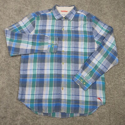 Tommy Bahama Shirt Mens Large Blue Plaid 100% Linen Marlin Logo Beach Button Up