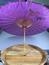 Vintage Purple Asian Paper Parasol Hand Painted Cherry Blossom Bamboo Umbrella
