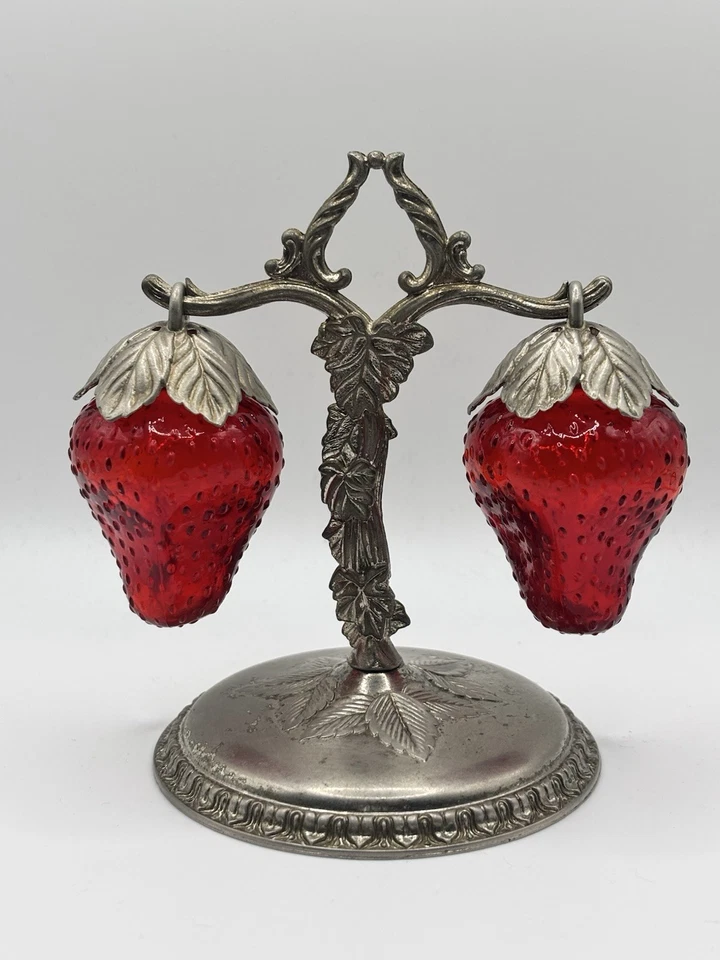 Vintage Silver And Red Glass Hanging Strawberry Salt & Pepper Shakers from Japan - Image 2 of 4