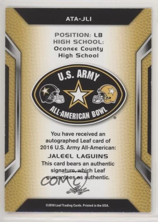 2016 Leaf US Army All-American Bowl Tour Black /15 Jaleel Laguins #ATA-JL1 Auto - Image 2 of 2