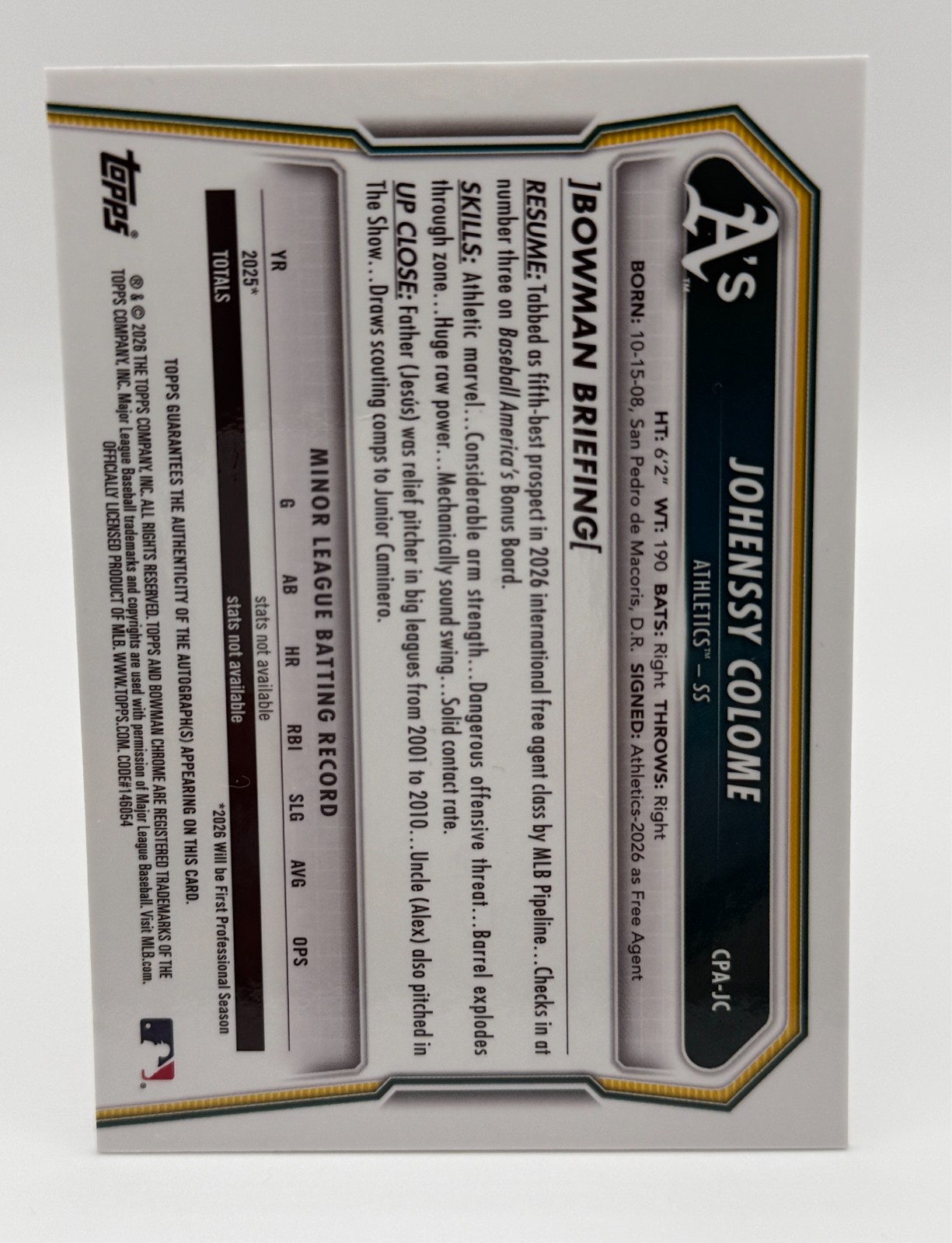 JOHENSSY COLOME 2026 BOWMAN CHROME REPTILIAN RED REFRACTOR AUTO#/5 RC ATHLETICS view 17