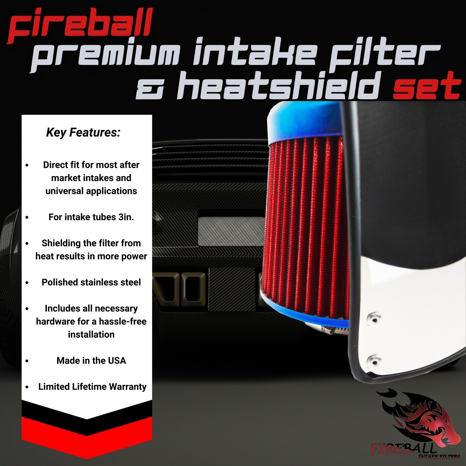 Reusable Fireball Cold Air Intake Filter and Heat Shield Kit Universal for Lotus
