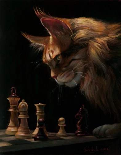 original drawing 24 x 30 cm 115SkV artwork pastel Maine Coon cat and chess