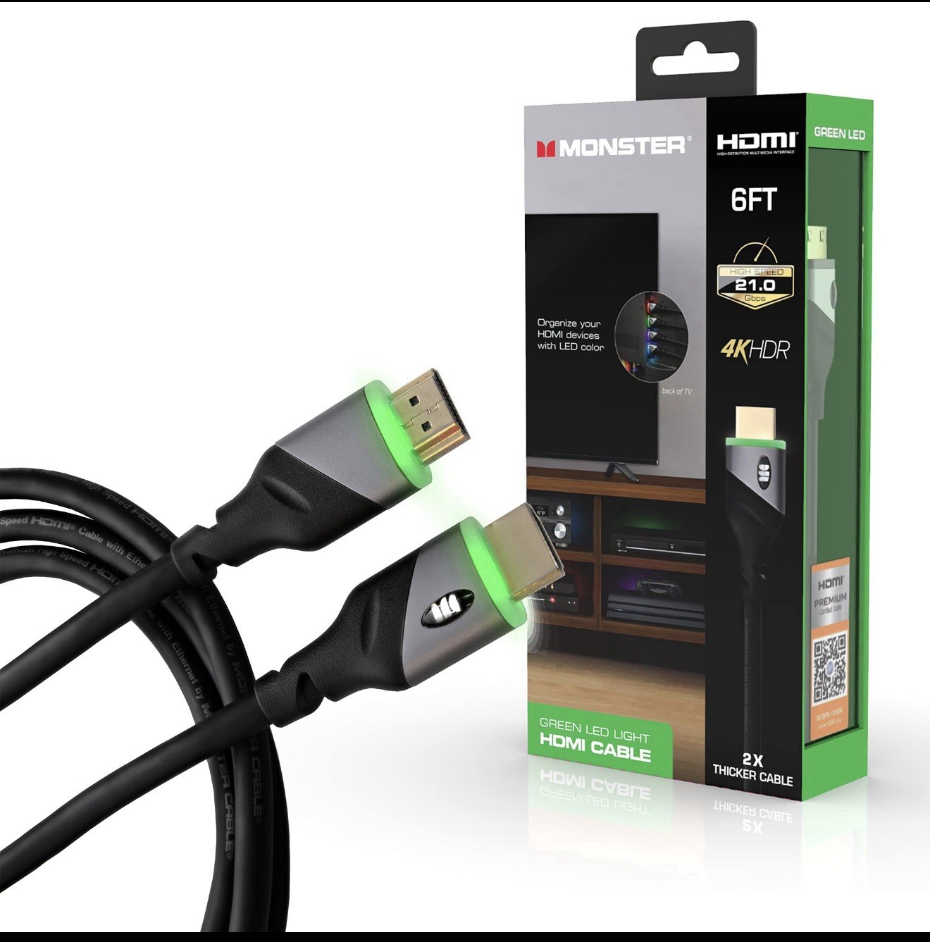 Monster HDMI Cable 6ft 4K HDR LED Light Gold-Plated Connectors Black