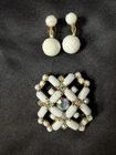 VTG Opalescent Milk Glass Cabochon AB Rhinestone brooch Clip-on earrings set