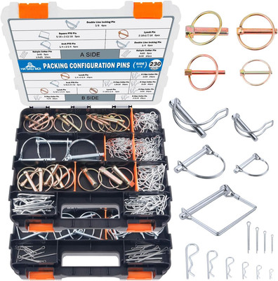 230Pcs Heavy Duty Pin Assortment Kit, Hitch Pins, Clip Pins, Linch and PTO Pins