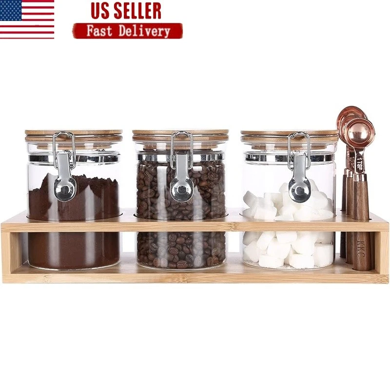 Airtight Glass Jars Set W/ Bamboo Lids Wooden Scoops Labels Food Storage New