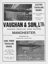 VAUGHAN & SONS LTD , Manchester; Overhead Crane Bulders - Antique Advert 1909