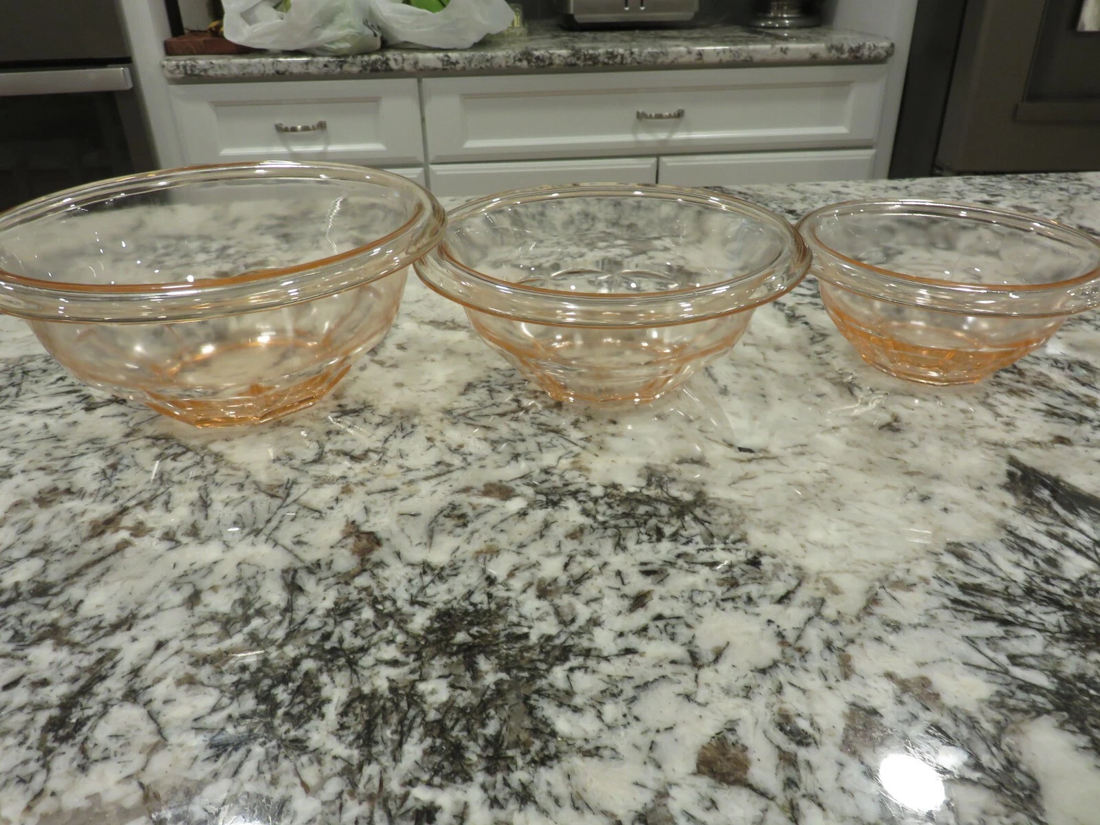 3 Vintage Hazel Atlas Transparent Pink Rest-Well Rolled Edge Mixing Bowls