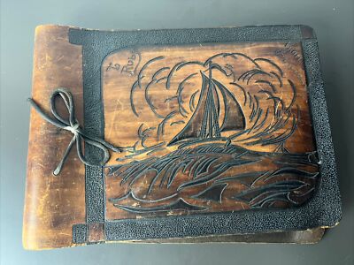 BEAUTIFUL Hand Tooled Leather Photo Album Cover Sailboat Ocean Scene