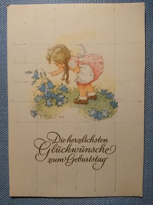 old postcard postcard girl bellflower congratulations birthday
