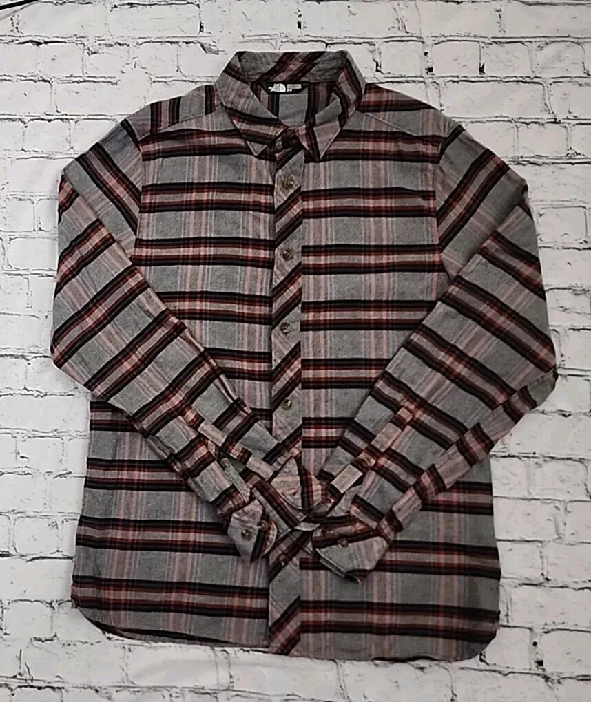 The North Face Button Up Brushed Flannel Shirt Red Gray Plaid Mens Medium M