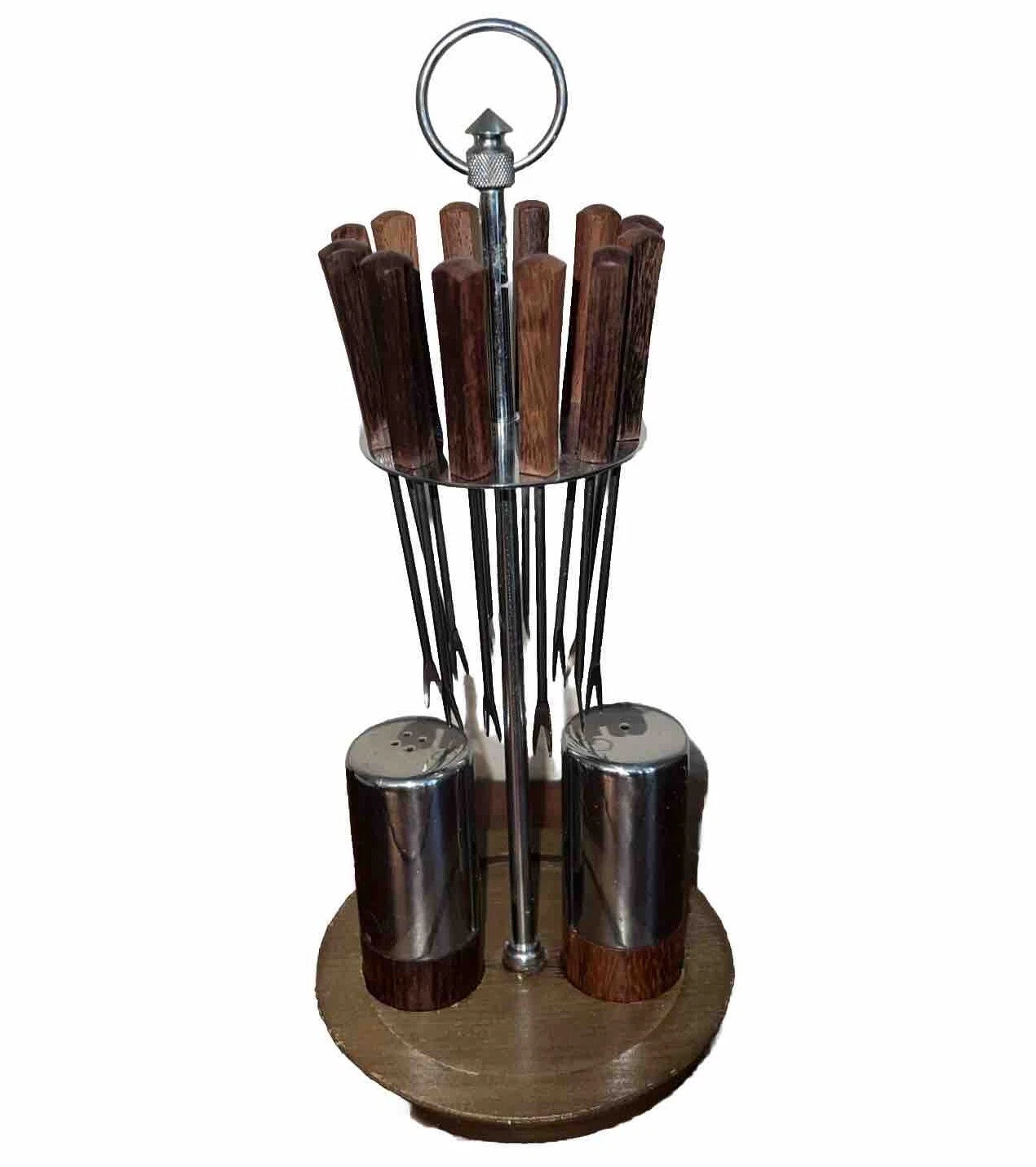 1970's Fondue Serving Set 9 Pieces 6 Forks With Stand and Salt & Pepper