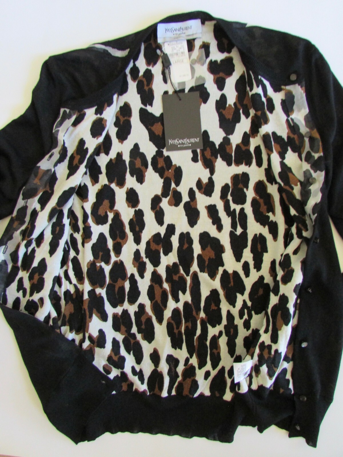 Cardigan Yves Saint Laurent Rive Gauche nero lana di seta leopardata nuovo con etichette $1095