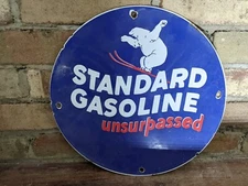 VINTAGE STANDARD GASOLINE UNSURPASSED PORCELAIN GAS STATION PUMP METAL SIGN 12"