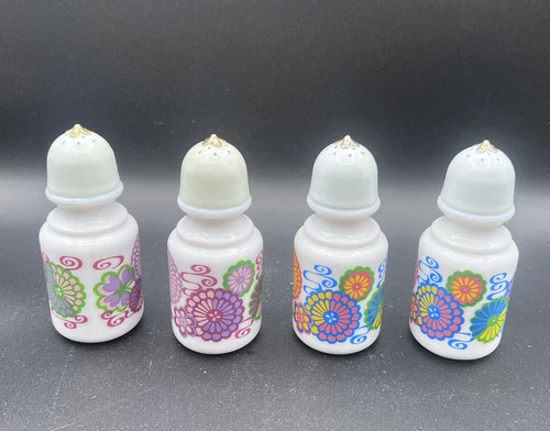 4 Avon “Salt & Pepper Shakers” Hippy Flower Power Retro 70s Vintage Milk Glass