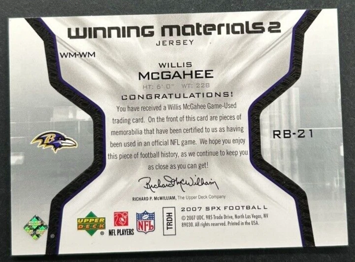 2007 SPx - Willis McGahee #WM-WM Baltimore Ravens - Patch - Image 2 of 2