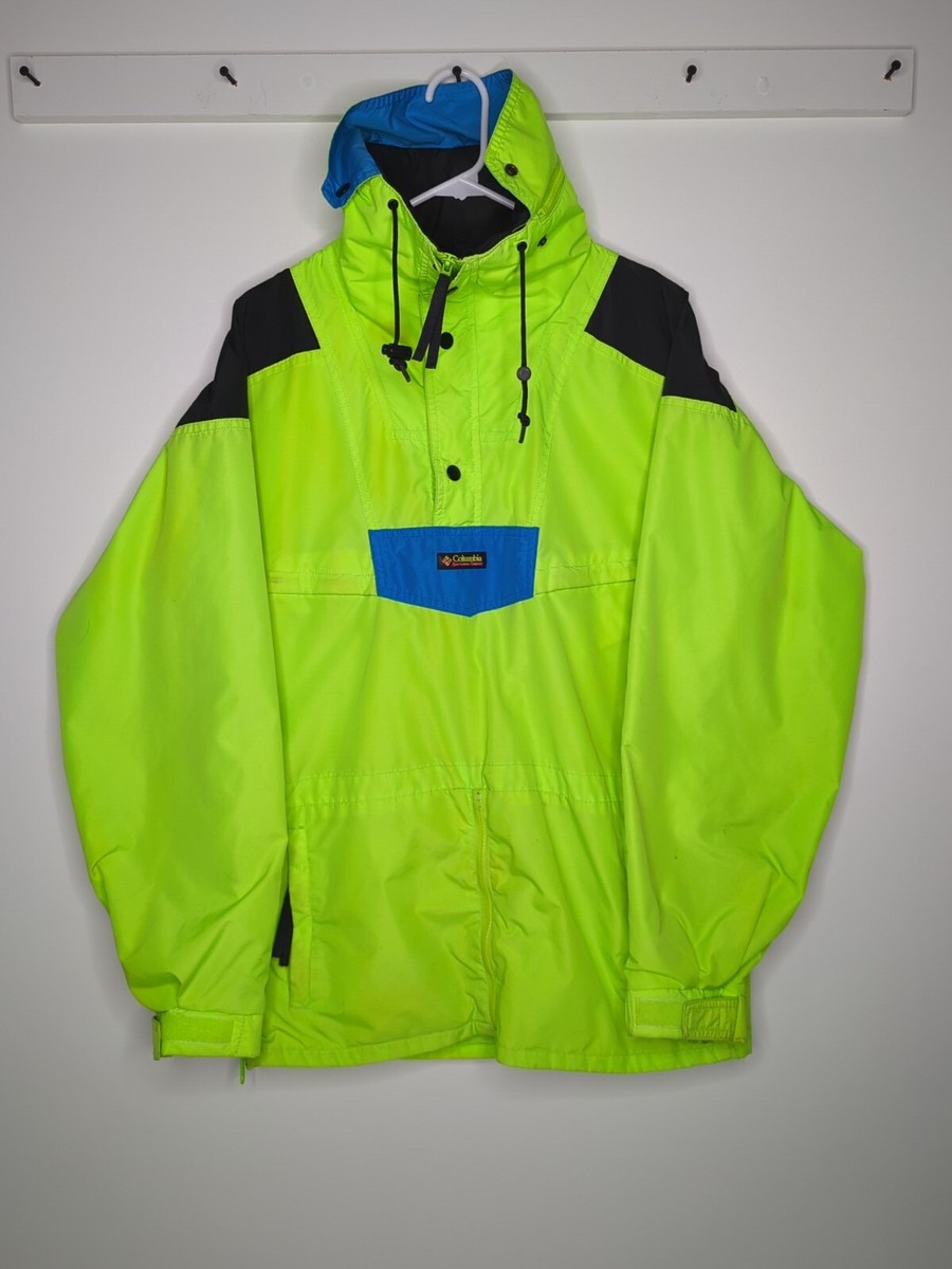Vintage Columbia Anorak Hood Jacket Pocket Neon Green Pullover