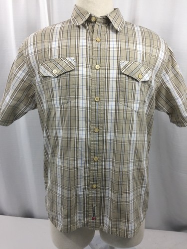 Fox Mens Short Sleeve Button Up Casual Shirt Tan Plaid Pockets Size Large - Picture 2 of 11