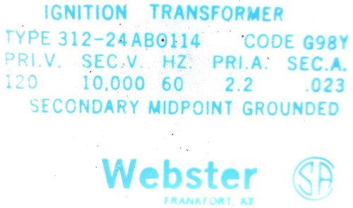 Webster 312-24AB0114 Ignition Transformer G98Y 60Hz Secondary Midpoint Grounded - Picture 2 of 3