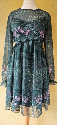 TED BAKER grünes geblümtes Babydoll Kleid Gr. 12 Party Mini kurze Hochzeitsärmel