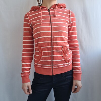 Quiksilver Damen Hoodie Gr.M Full Zip Rot Gestreift Sweatshirt Pullover Maritim