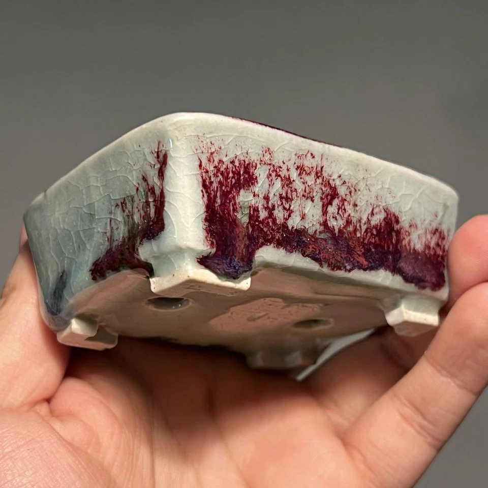 Japanese Bonsai pot AKINAO Rectangular shape W7.7cm H3.2cm Light blue Glazed - Image 4 of 4