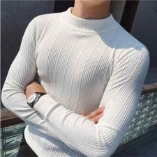 Half Turtleneck Stripe Sweater Men Pullover Tight Sweater Tops