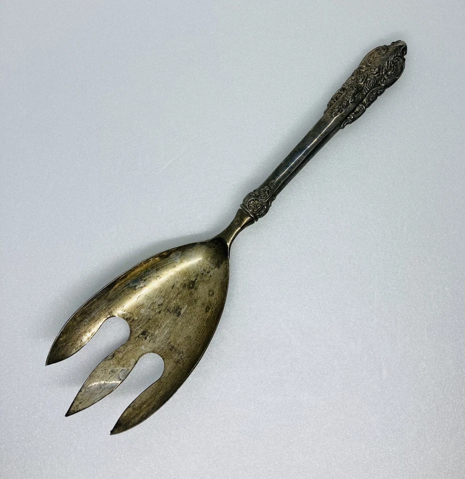 Rare 1940s GSA Baroque Silverplated Serving Fork Salad Server Ornate Handle 29 - Image 2 of 4