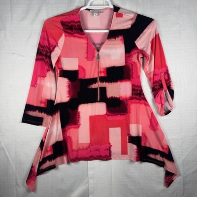 Chaus New York Pink Abstract Geometric Zip Sharkbite Tunic Top Small
