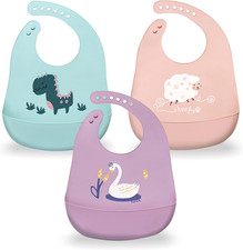 Silicone Baby Bibs with Food Catcher Set of 3 - BPA Free Plastic, Durable and