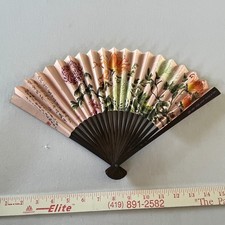 Vintage Wooden  Paper Hand Fan Fold Up 1950-1960 China Floral