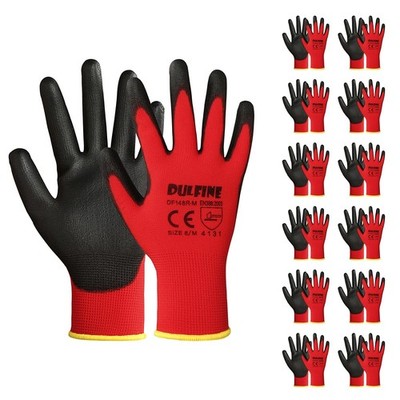 DULFINE Safety Work Gloves PU Coated-12 Pairs,Red Seamless Knit Glove with... 